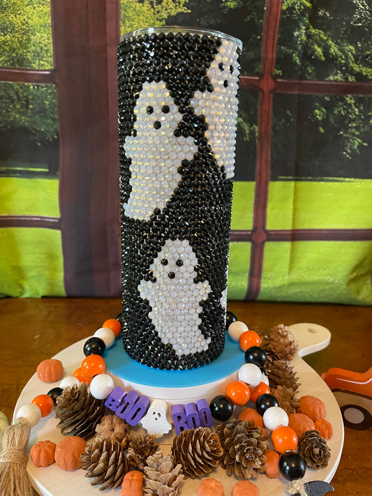 20oz Rhinestone Tumbler with a Ghoulishly Glam Ghostly print